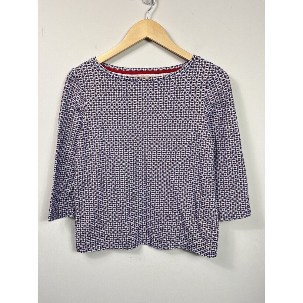 Talbots Womens Top Petite Medium Blue Red 3/4 Sleeve Blouse Shirt Cotton